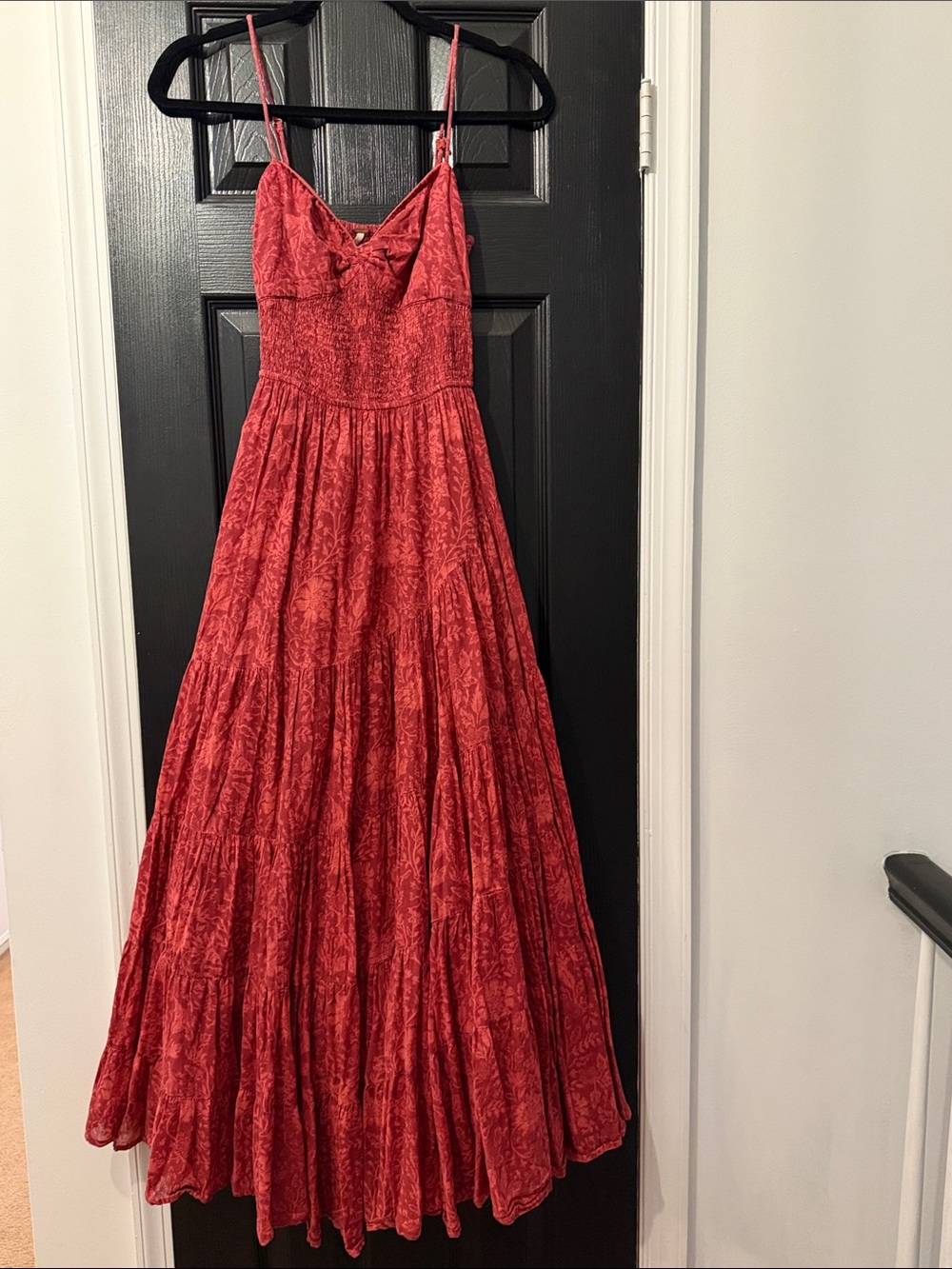 Free People Red Floral Tiered Maxi with Smocked Waist and Spaghetti Straps
